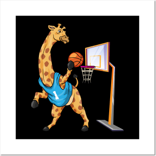 Funny giraffe is playing basketball Posters and Art